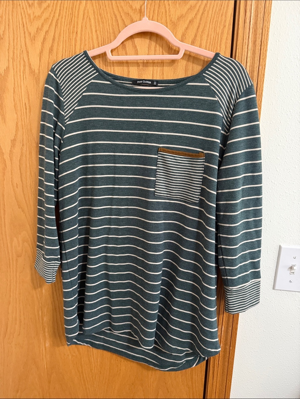 Pink Clover Olive and White Striped Pocket Top